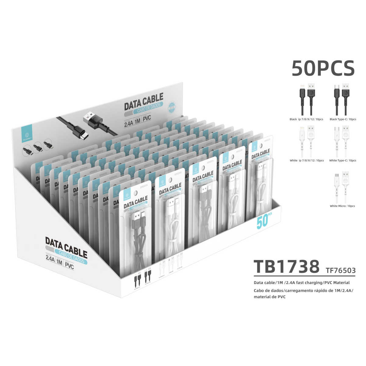 Pvc Datenkabel 1M 2.4A Schwarz Weiß (Präsentationsbox) 50Pcs  